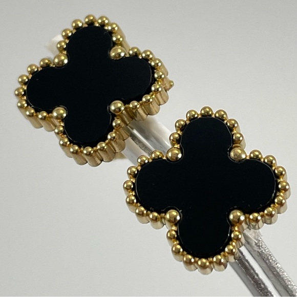 Sterling Silver Jewelry - Beautiful Black Clover Flower Gold Tone Stud Post Setting Earrings